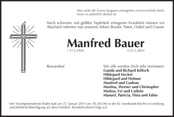 Traueranzeige von Manfred Bauer von Pegnitz-Zeitung